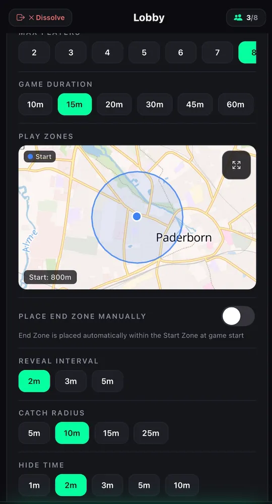 Lobby with game settings and the play zone on a map