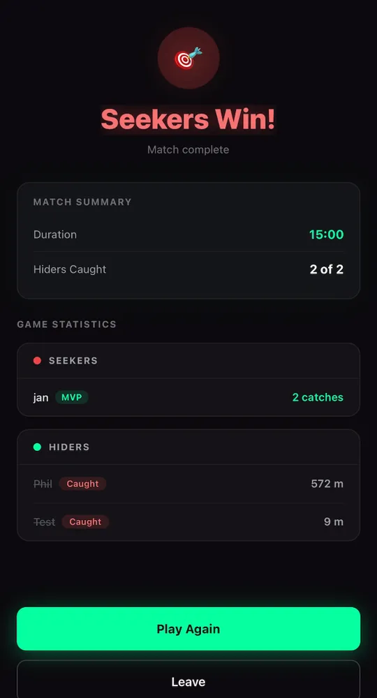 Results screen with the winning team, catches and distance walked